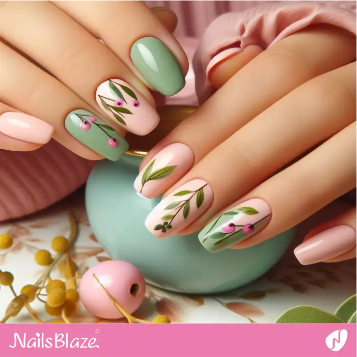 Bright Color Nails with Olive Leaves | Nature-inspired Nails - NB1596